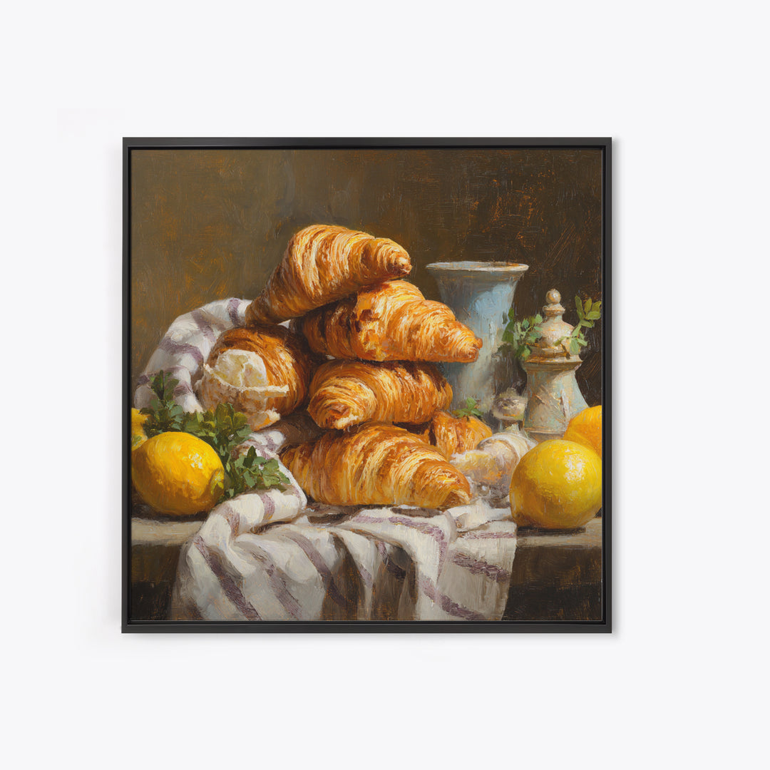 Buttery Croissants Stacked on Striped Linen Canvas Print, Bakery Art, Room Decor, Bakery Decor, Abstract Art, Patisserie, BAK-1x1-25