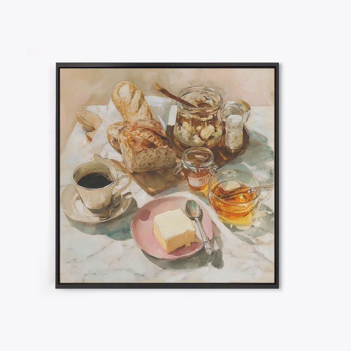 Baguette and Butter Still Life on Marble Framed Canvas Print, Bakery Art, Gallery Decor, Bakery Decor, Fine Art, Patisserie, BAK-1x1-32