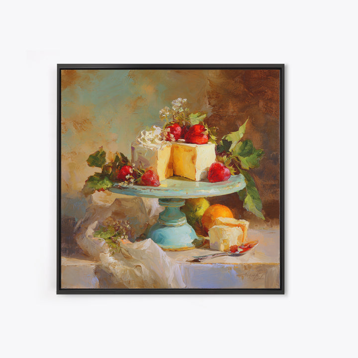 Pastel Cake Stand Framed Canvas Print, Bakery Art, Boho Decor, Bakery Decor, Oil Painting, Patisserie, Printable Wall Art, BAK-1x1-37