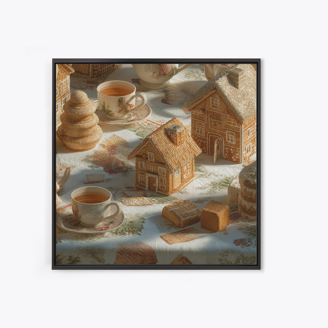 Gingerbread Houses in Charming Folk Art Style Framed Canvas Print, Bakery Art, Gallery Decor, Bakery Decor, Patisserie, BAK-1x1-38