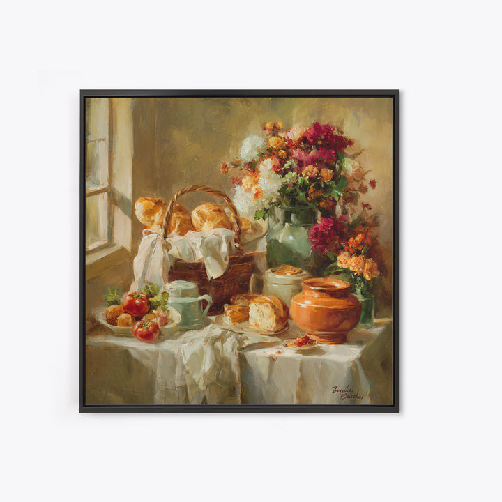 French Market Basket Filled Framed Canvas Print, Bakery Art, French Wall Art, Bakery Decor, Fine Art, Patisserie, Room Decor, BAK-1x1-42