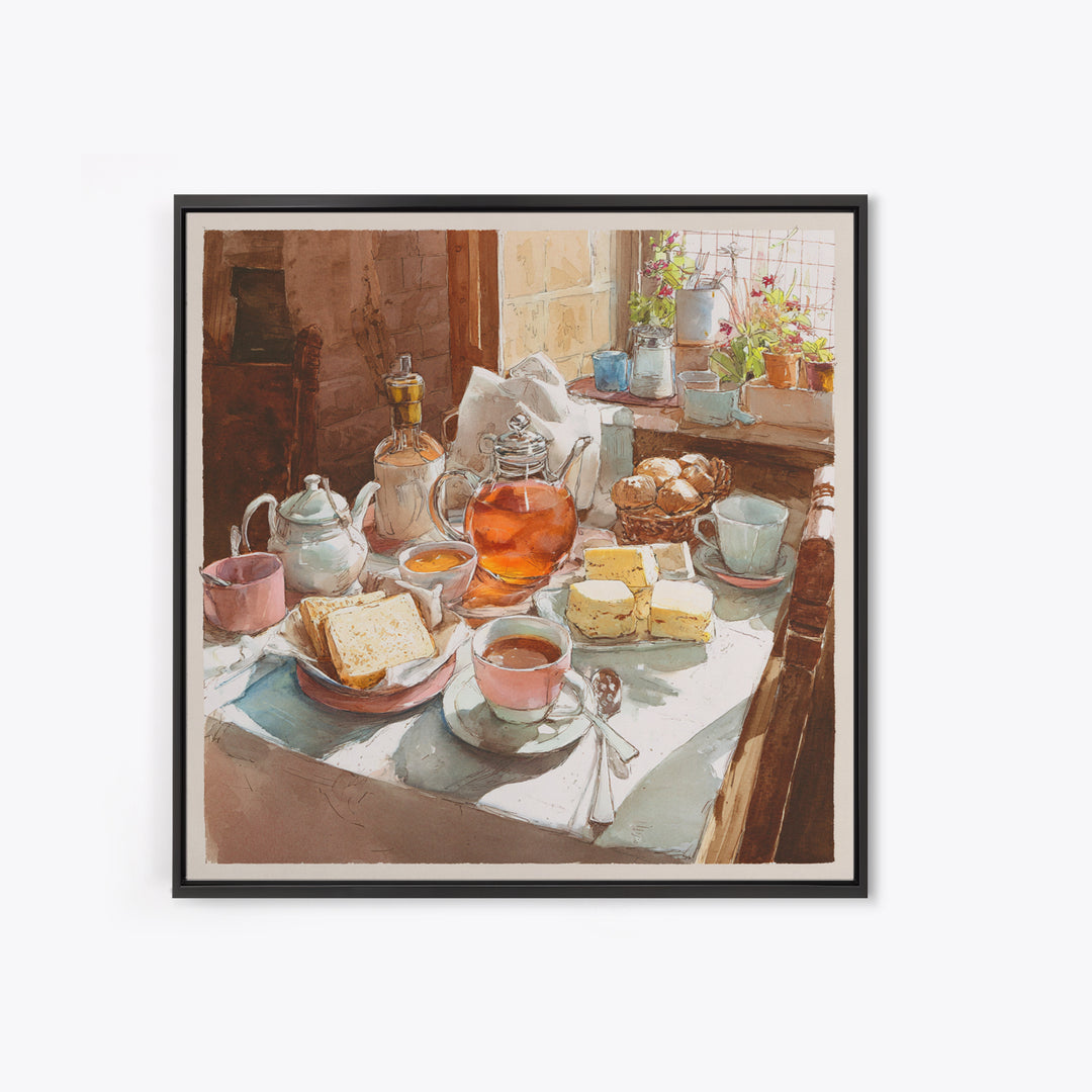 Tea and Scone Arrangement Framed Canvas Print, Bakery Art, Watercolor Painting, Bakery Decor, Patisserie, Aesthetic Wall Art, BAK-1x1-44