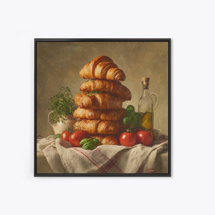 Buttery Croissants Stacked on Striped Linen Canvas Print, Bakery Art, Room Decor, Bakery Decor, Abstract Art, Patisserie, BAK-1x1-49