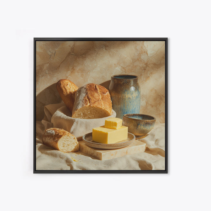Baguette and Butter Still Life on Marble Framed Canvas Print, Bakery Art, Watercolor Painting, Bakery Decor, Patisserie, BAK-1x1-56