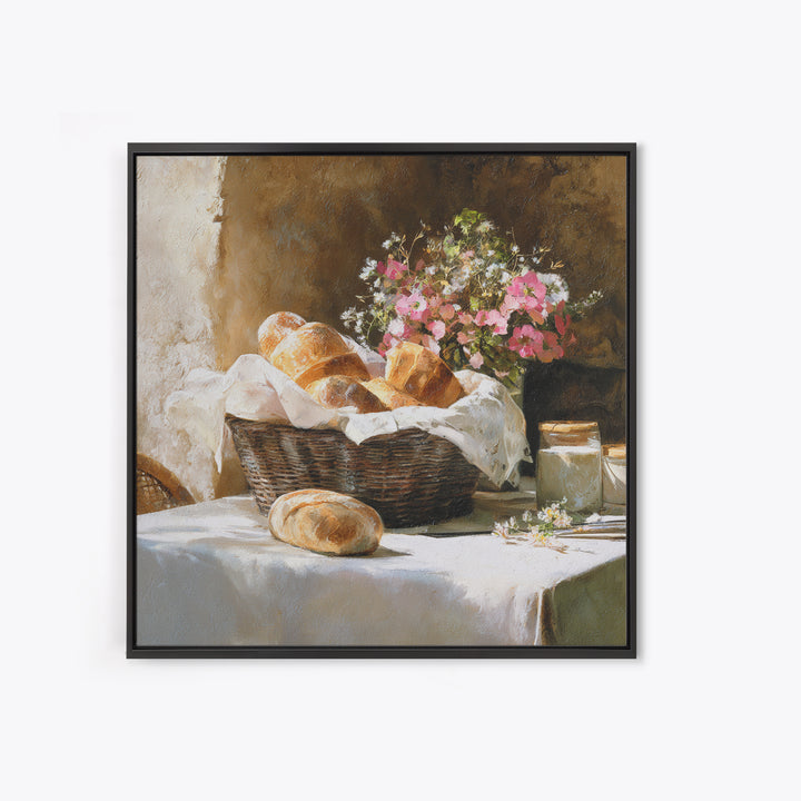 French Market Basket Filled Framed Canvas Print, Bakery Art, French Wall Art, Bakery Decor, Fine Art, Patisserie, Room Decor, BAK-1x1-66