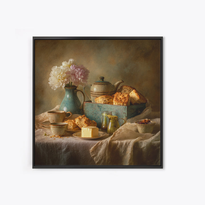 Tea and Scone Arrangement Framed Canvas Print, Bakery Art, Neutral Wall Art, Bakery Decor, Patisserie, Statement Artwork, BAK-1x1-68