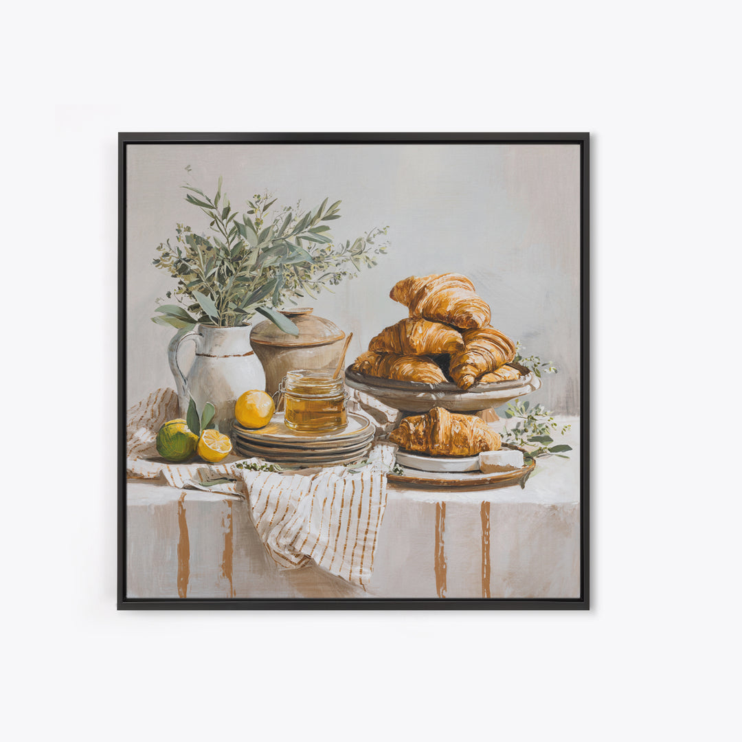 Buttery Croissants Stacked on Striped Linen Framed Canvas Print, Bakery Art, Home Decor, Bakery Decor, Abstract Art, Patisserie, BAK-1x1-73