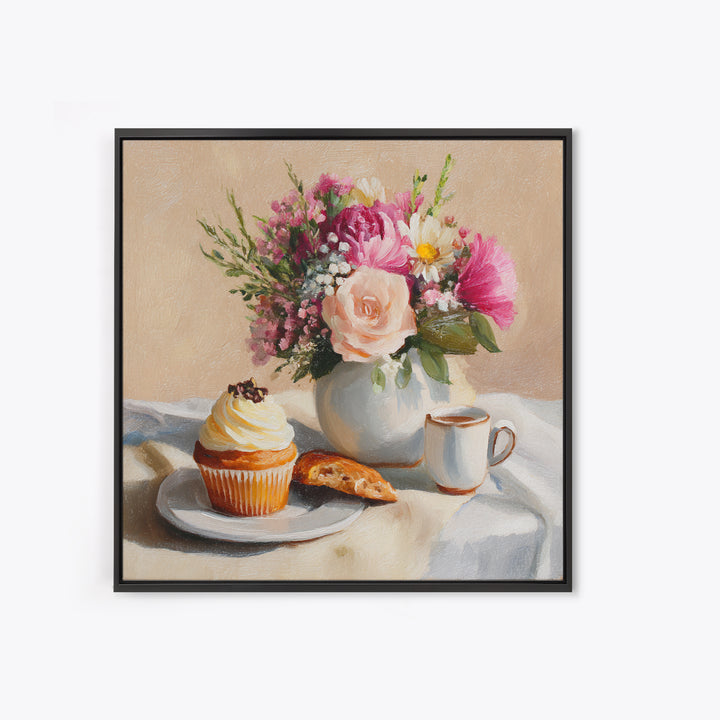 Cupcake Bouquet Painted Framed Canvas Print, Bakery Art, Boho Decor, Bakery Decor, Oil Painting, Patisserie, Printable Wall Art, BAK-1x1-79