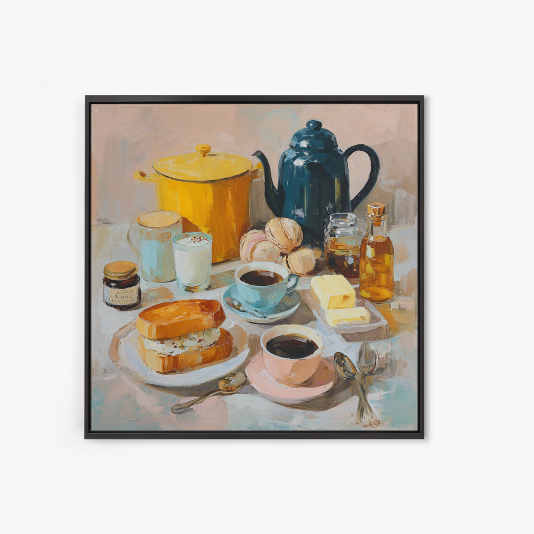 Painterly Eclair and Coffee Still Life Framed Canvas Print, Bakery Art, French Wall Art, Bakery Decor, Abstract Art, Patisserie, BAK-1x1-84