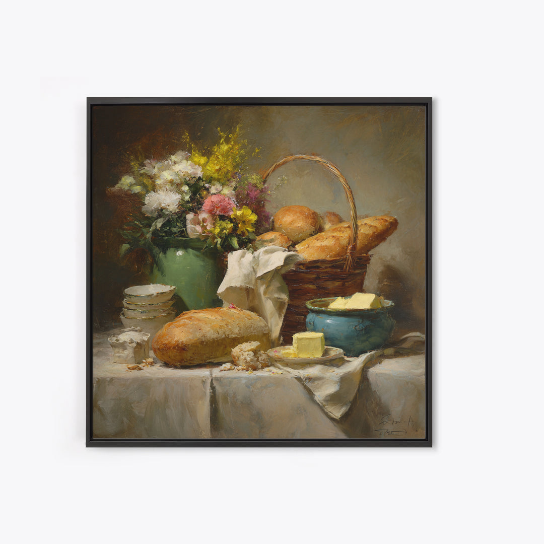 French Market Basket Filled Canvas Print, Bakery Art, Neutral Decor, Bakery Decor, Oil Painting, Patisserie, Home Decor, BAK-1x1-90