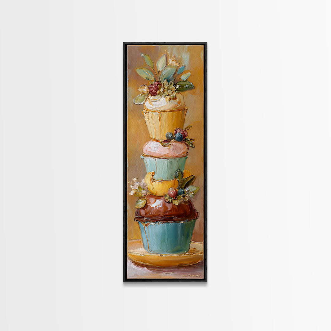Cupcake Bouquet Painted Framed Canvas Print, Bakery Art, Kitchen Wall Decor, Bakery Decor, Patisserie, Whimsical Wall Art, BAK-1x3-19