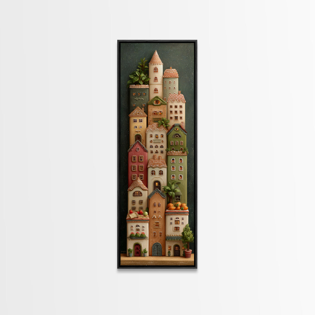 Gingerbread Houses in Charming Folk Art Style Canvas Print, Bakery Art, Kids Art, Bakery Decor, Fine Art, Patisserie, BAK-1x3-2