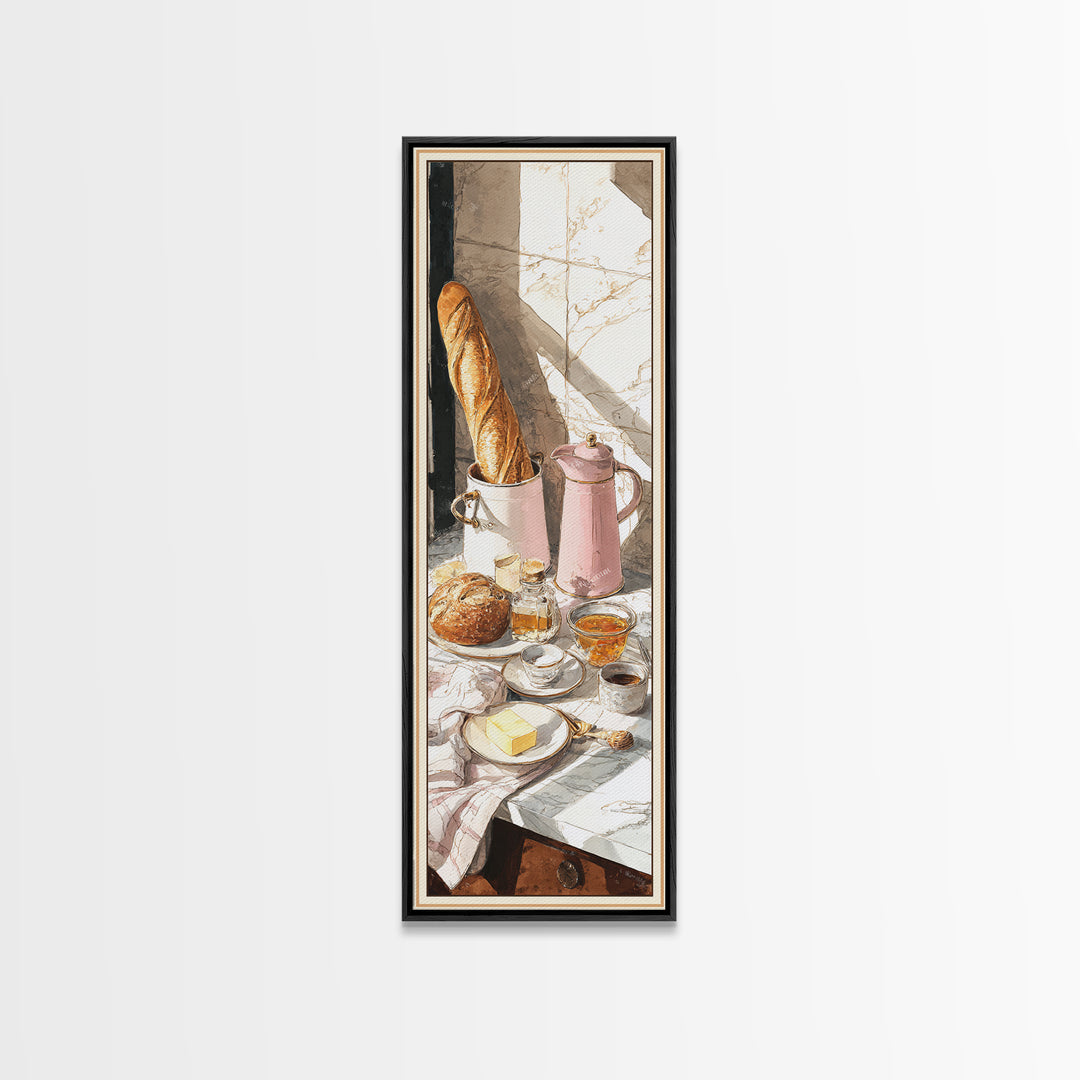 Baguette and Butter Still Life on Marble Framed Canvas Print, Bakery Art, Wall Decor, Bakery Decor, Fine Art, Patisserie, BAK-1x3-20