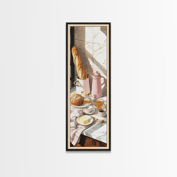 Baguette and Butter Still Life on Marble Framed Canvas Print, Bakery Art, Wall Decor, Bakery Decor, Fine Art, Patisserie, BAK-1x3-20