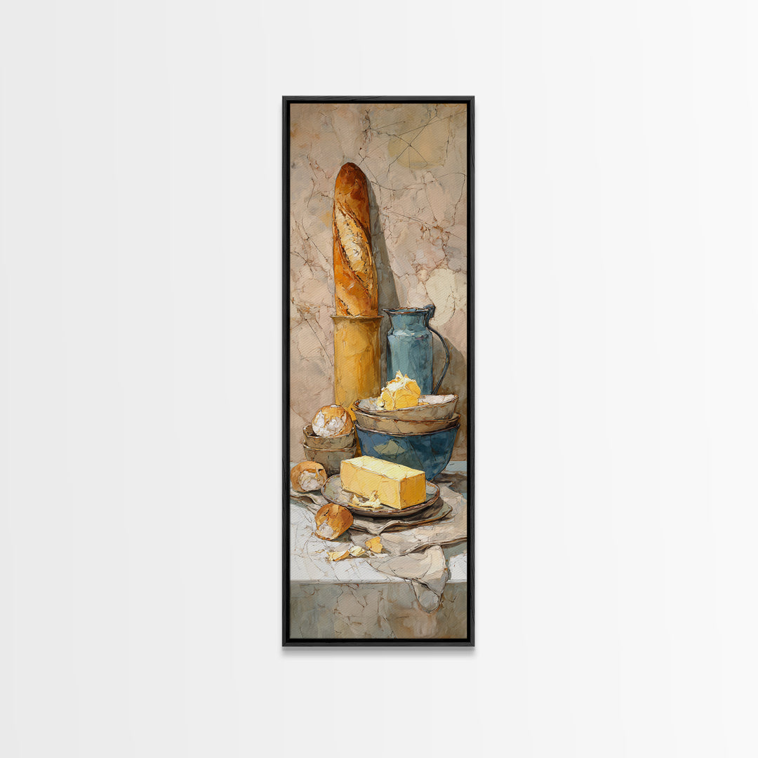 Baguette and Butter Still Life on Marble Canvas Print, Bakery Art, Digital Print, Bakery Decor, Fine Art, Patisserie, BAK-1x3-44