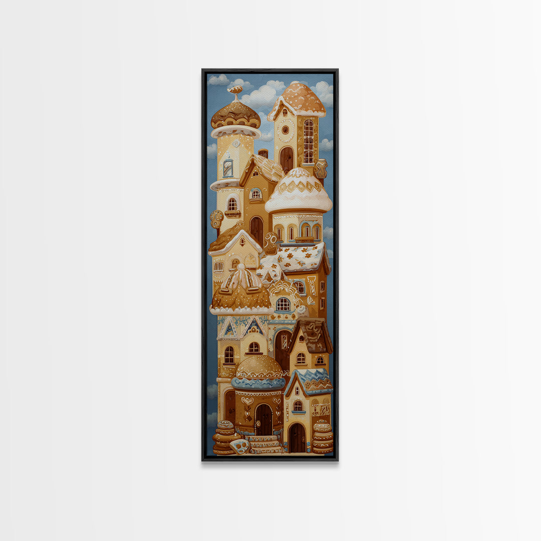 Gingerbread Houses in Charming Folk Art Style Framed Canvas Print, Bakery Art, Fine Art Print, Bakery Decor, Patisserie, BAK-1x3-50