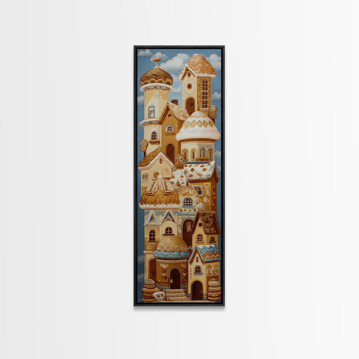Gingerbread Houses in Charming Folk Art Style Framed Canvas Print, Bakery Art, Fine Art Print, Bakery Decor, Patisserie, BAK-1x3-50