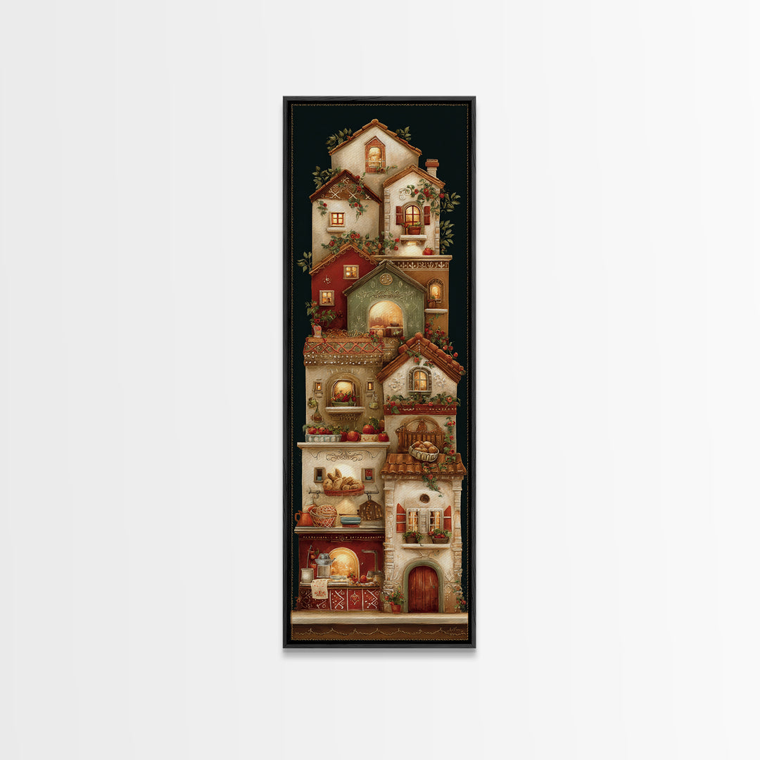 Gingerbread Houses in Charming Folk Art Style Framed Canvas Print, Bakery Art, Fine Art Print, Bakery Decor, Patisserie, BAK-1x3-74