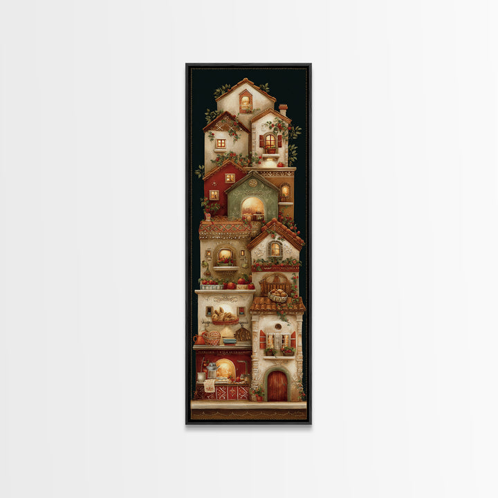 Gingerbread Houses in Charming Folk Art Style Framed Canvas Print, Bakery Art, Fine Art Print, Bakery Decor, Patisserie, BAK-1x3-74