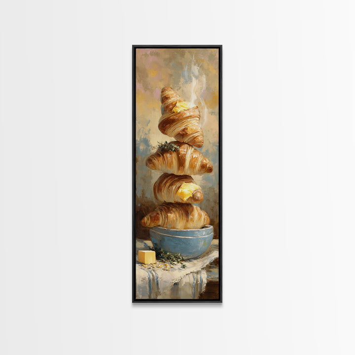 Buttery Croissants Stacked on Striped Linen Canvas Print, Bakery Art, Kitchen Art, Bakery Decor, Abstract Art, Patisserie, BAK-1x3-85
