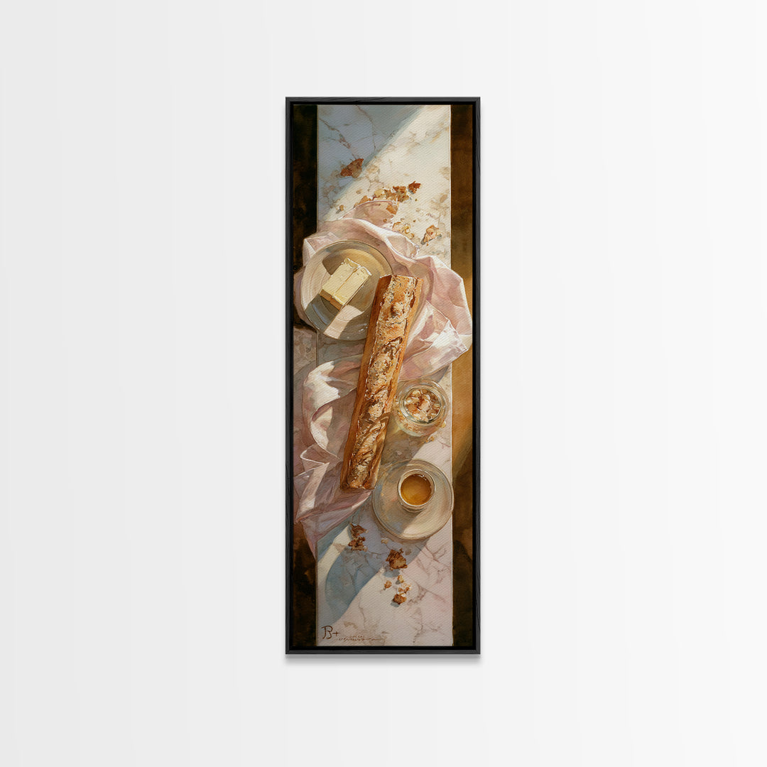 Baguette and Butter Still Life on Marble Framed Canvas Print, Bakery Art, Whimsical Wall Art, Bakery Decor, Patisserie, BAK-1x3-92
