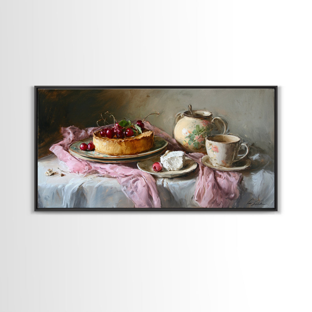 Cherry Tart Still Life Framed Canvas Print, Bakery Art, Digital Print, Bakery Decor, Fine Art, Patisserie, Kitchen Art Print, BAK-2x1-1