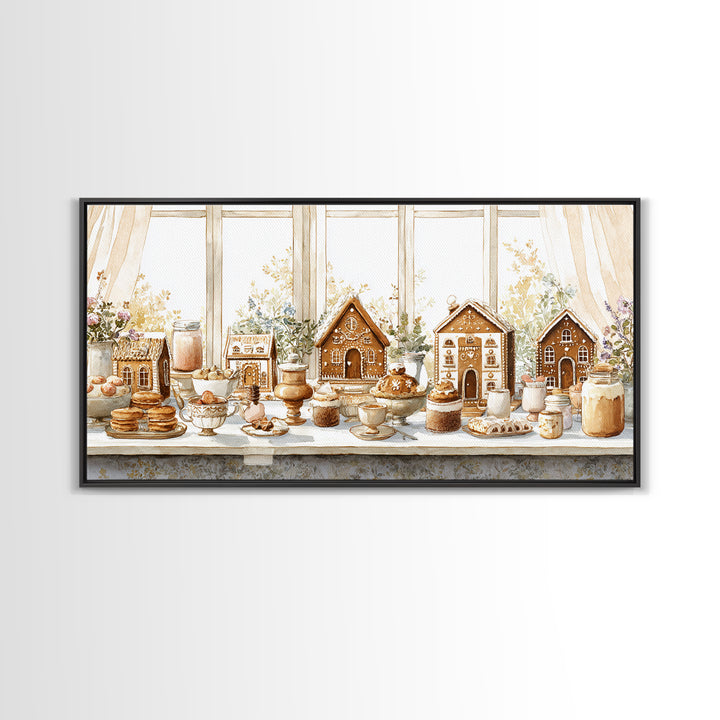 Gingerbread Houses in Charming Folk Art Style Framed Canvas Print, Bakery Art, Contemporary Art, Bakery Decor, Patisserie, BAK-2x1-10