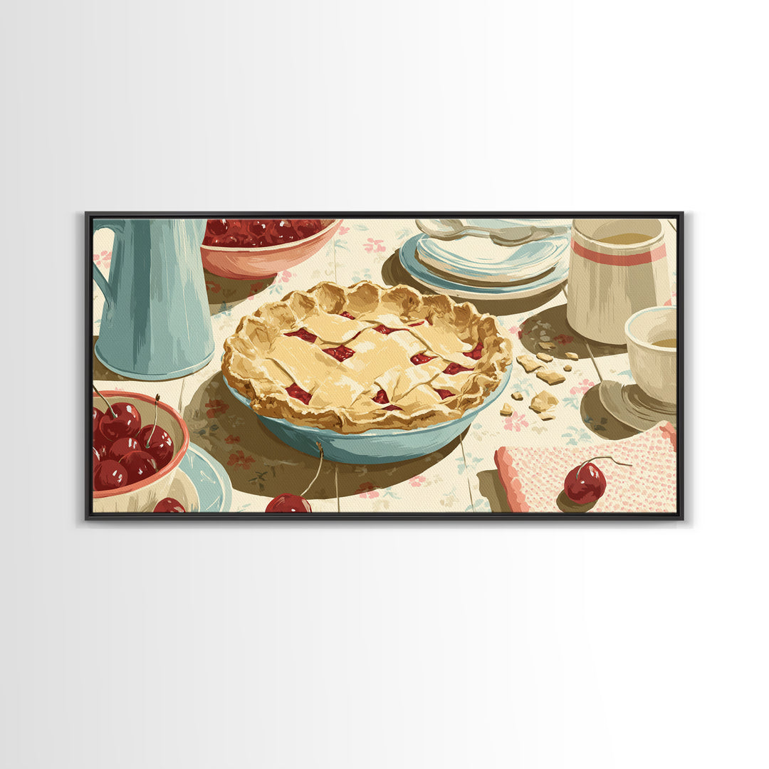 Retro Diner Pie Illustration Framed Canvas Print, Bakery Art, Room Decor, Bakery Decor, Fine Art, Patisserie, Digital Print, BAK-2x1-12