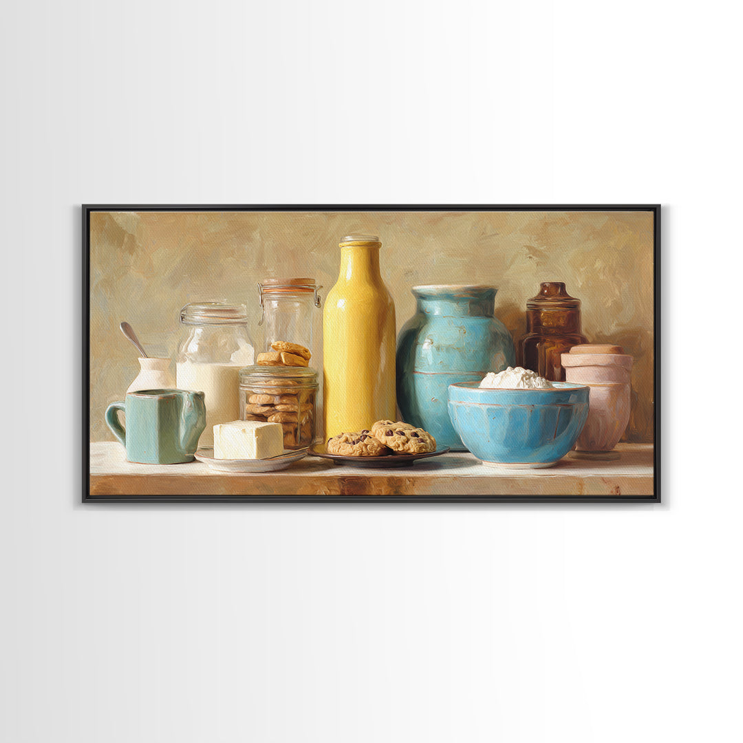 Milk Bottle and Cookies Nostalgic Still Life Framed Canvas Print, Bakery Art, Room Decor, Bakery Decor, Fine Art, Patisserie, BAK-2x1-18