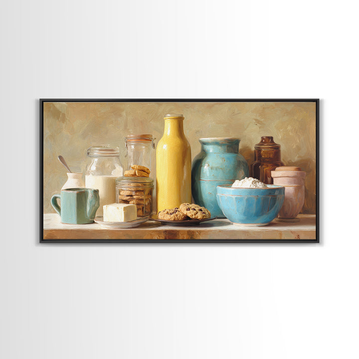 Milk Bottle and Cookies Nostalgic Still Life Framed Canvas Print, Bakery Art, Room Decor, Bakery Decor, Fine Art, Patisserie, BAK-2x1-18