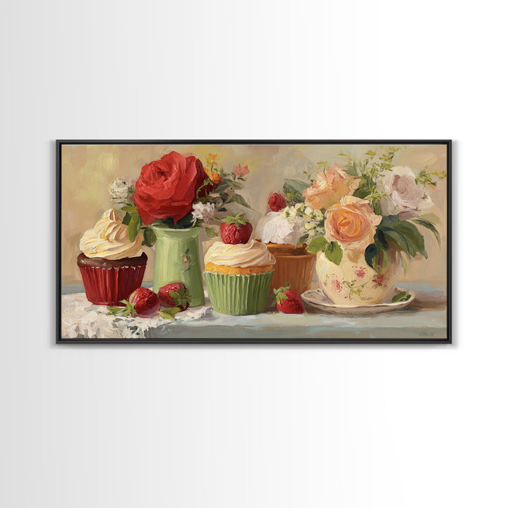 Cupcake Bouquet Painted Framed Canvas Print, Bakery Art, Boho Decor, Bakery Decor, Oil Painting, Patisserie, Printable Wall Art, BAK-2x1-27