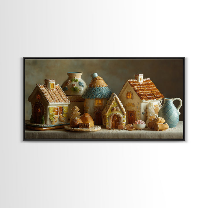 Gingerbread Houses in Charming Folk Art Style Framed Canvas Print, Bakery Art, Contemporary Art, Bakery Decor, Patisserie, BAK-2x1-34