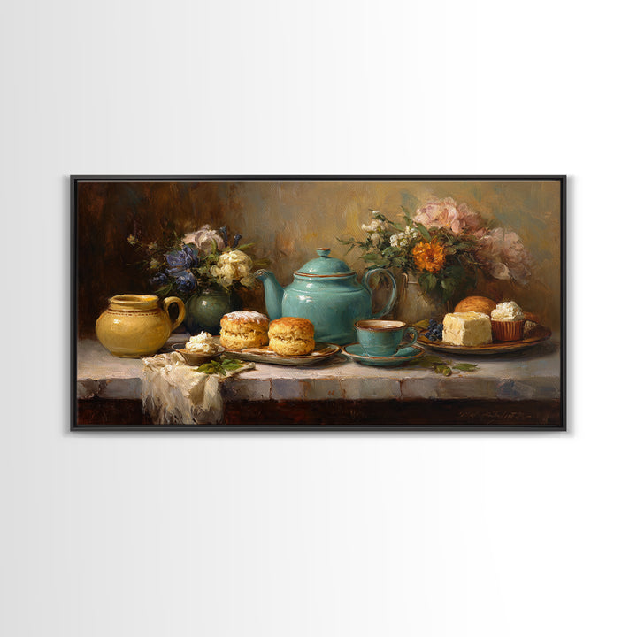 Tea and Scone Arrangement Framed Canvas Print, Bakery Art, Wall Decor, Bakery Decor, Fine Art, Patisserie, Kitchen Prints, BAK-2x1-40
