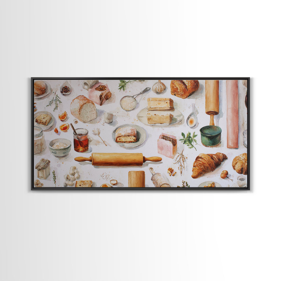 Patisserie Pattern of Rolling Pins and Pastries Canvas Print, Bakery Art, Kitchen Decor, Bakery Decor, Fine Art, Patisserie, BAK-2x1-41