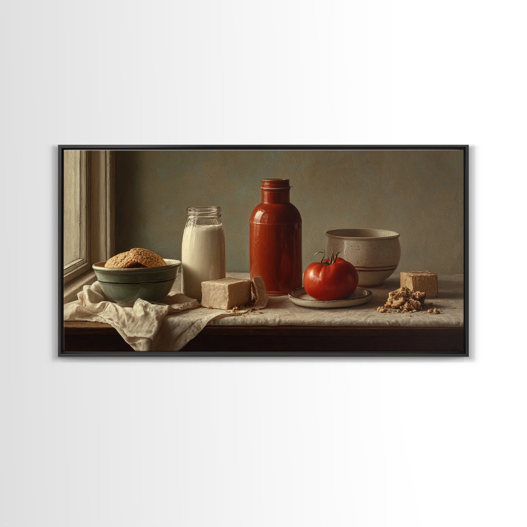 Milk Bottle and Cookies Nostalgic Still Life Framed Canvas Print, Bakery Art, Room Decor, Bakery Decor, Fine Art, Patisserie, BAK-2x1-42
