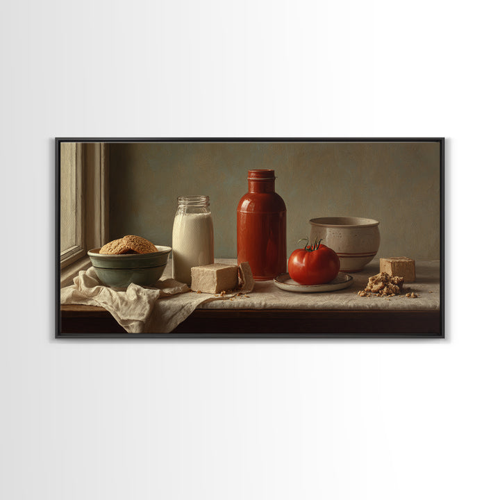 Milk Bottle and Cookies Nostalgic Still Life Framed Canvas Print, Bakery Art, Room Decor, Bakery Decor, Fine Art, Patisserie, BAK-2x1-42