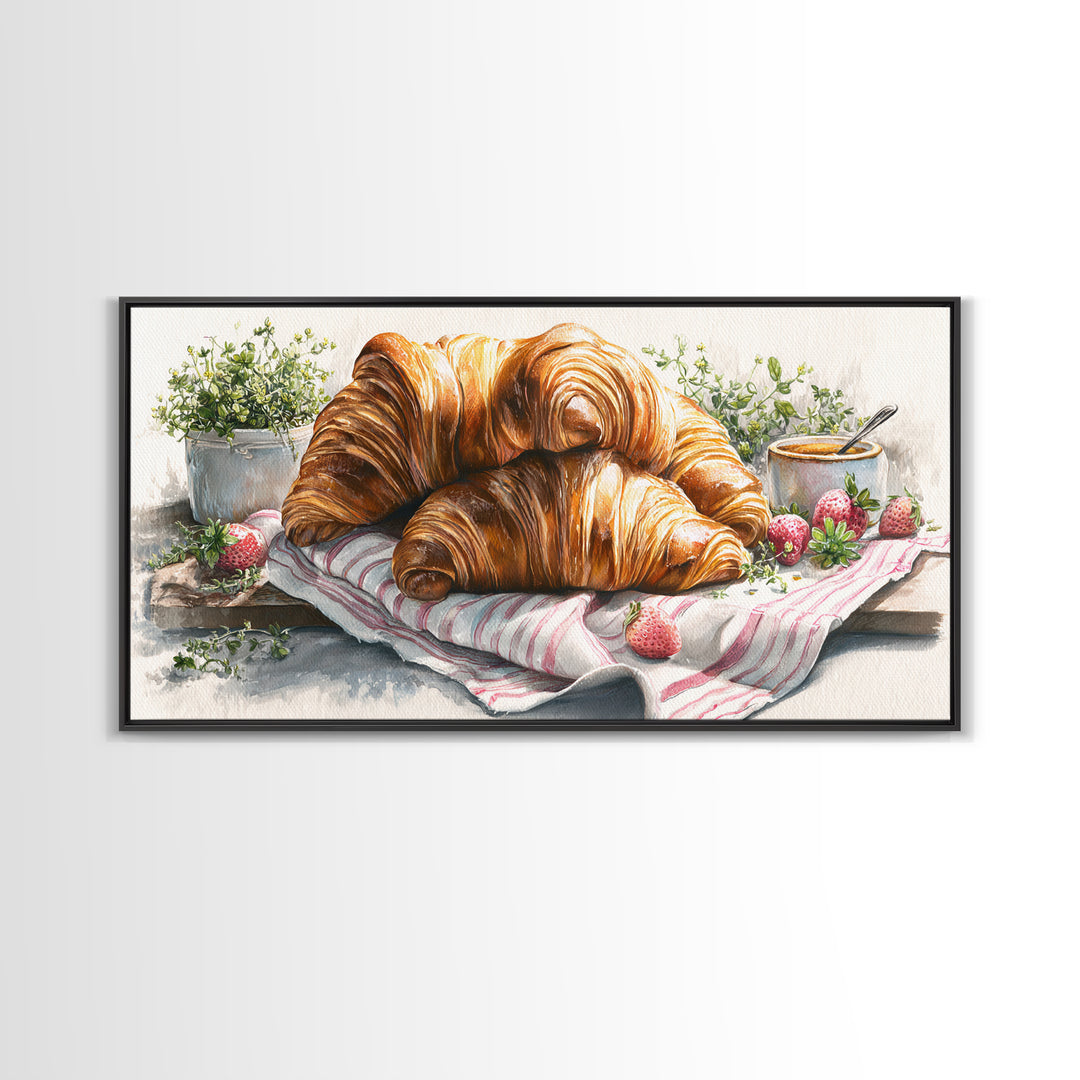 Buttery Croissants Stacked on Striped Linen Framed Canvas Print, Bakery Art, Kitchen Wall Decor, Bakery Decor, Patisserie, BAK-2x1-45