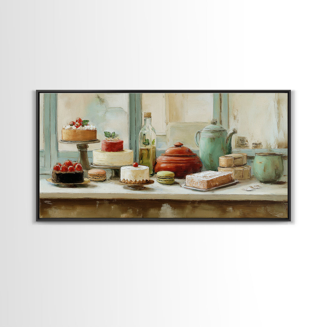 French Patisserie Window Display of Pastel Pastries Framed Canvas Print, Bakery Art, Wall Decor, Bakery Decor, Patisserie, BAK-2x1-46