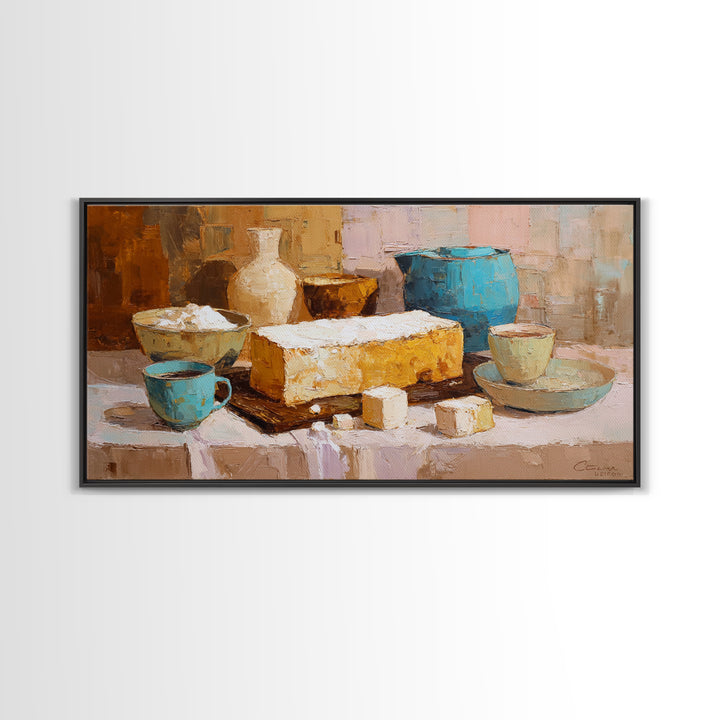 Painterly Eclair and Coffee Still Life Framed Canvas Print, Bakery Art, Kitchen Decor, Bakery Decor, Fine Art, Patisserie, BAK-2x1-56