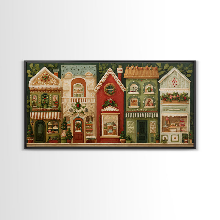 Gingerbread Houses in Charming Folk Art Style Canvas Print, Bakery Art, Printable Wall Art, Bakery Decor, Fine Art, Patisserie, BAK-2x1-58