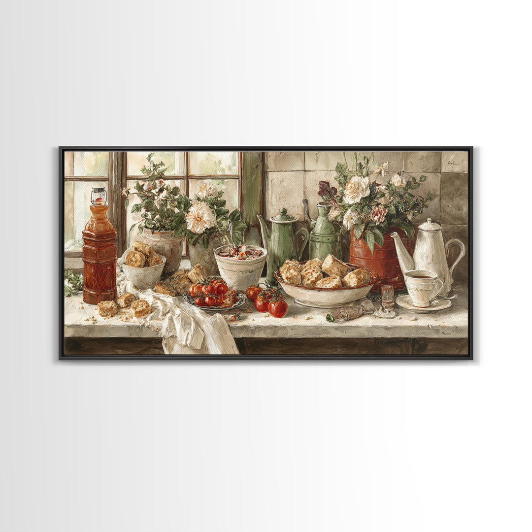 Tea and Scone Arrangement Canvas Print, Bakery Art, Digital Print, Bakery Decor, Fine Art, Patisserie, Kitchen Art Print, BAK-2x1-64