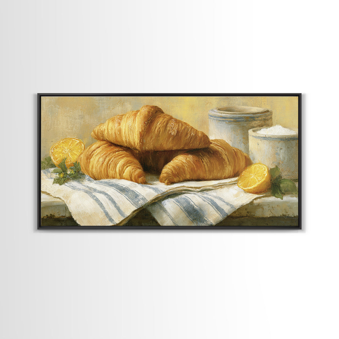 Buttery Croissants Stacked on Striped Linen Canvas Print, Bakery Art, Colorful Wall Art, Bakery Decor, Abstract Art, Patisserie, BAK-2x1-69