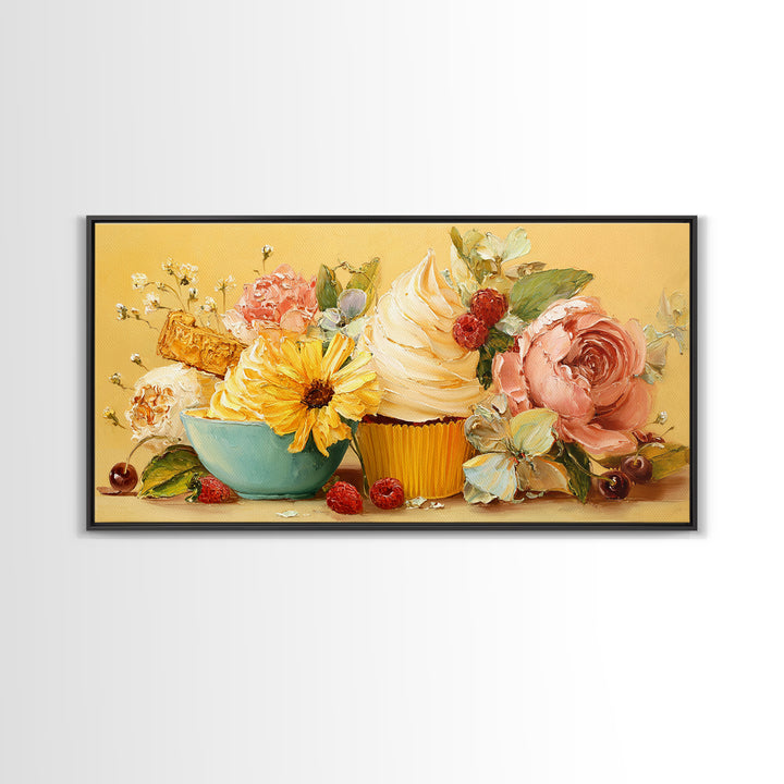 Cupcake Bouquet Painted Framed Canvas Print, Bakery Art, Room Decor, Bakery Decor, Fine Art, Patisserie, Digital Print, BAK-2x1-75