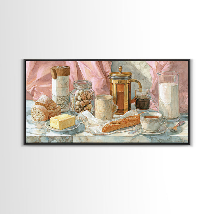 Baguette and Butter Still Life on Marble Canvas Print, Bakery Art, Kitchen Print, Bakery Decor, Fine Art, Patisserie, BAK-2x1-76