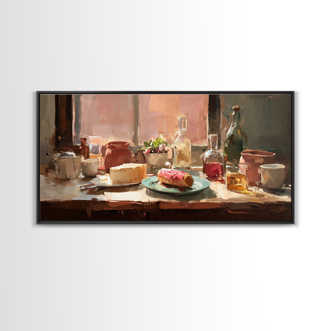 Painterly Eclair and Coffee Still Life Framed Canvas Print, Bakery Art, Coffee Wall Art, Bakery Decor, Fine Art, Patisserie, BAK-2x1-80