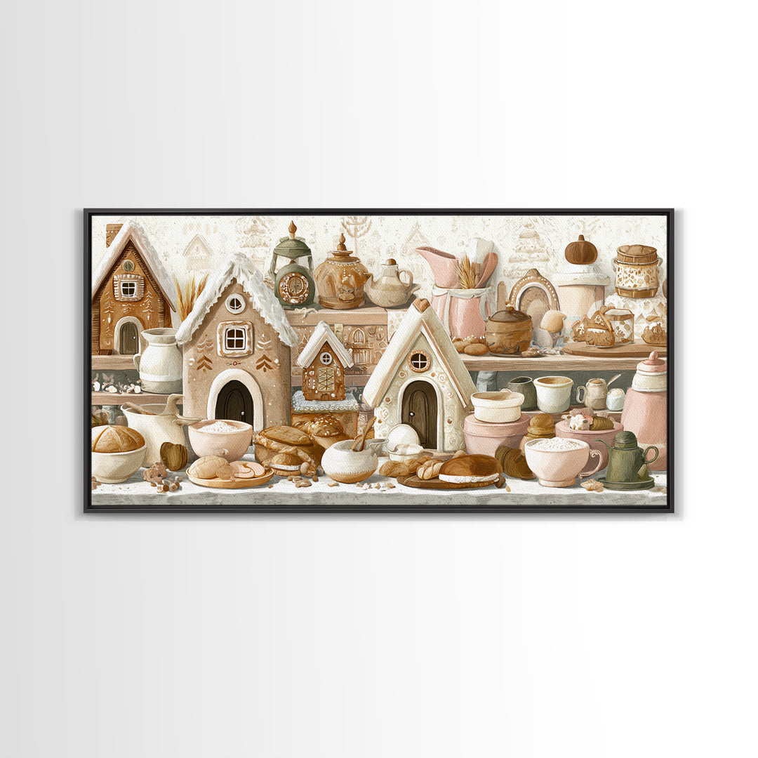 Gingerbread Houses in Charming Folk Art Style Canvas Print, Bakery Art, Printable Wall Art, Bakery Decor, Fine Art, Patisserie, BAK-2x1-82