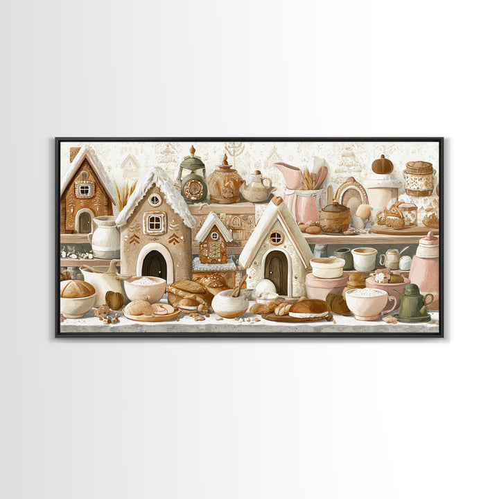 Gingerbread Houses in Charming Folk Art Style Canvas Print, Bakery Art, Printable Wall Art, Bakery Decor, Fine Art, Patisserie, BAK-2x1-82