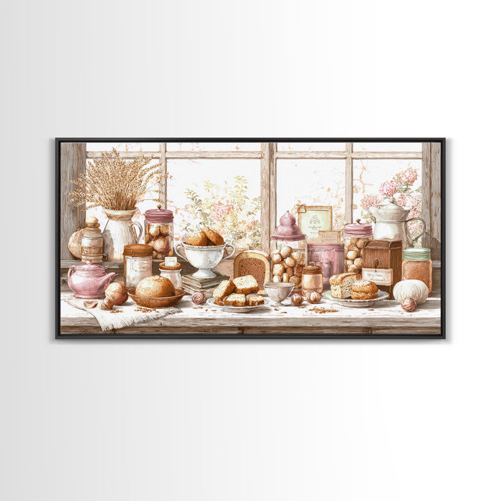 Tea and Scone Arrangement Framed Canvas Print, Bakery Art, Watercolor Art, Bakery Decor, Fine Art, Patisserie, French Wall Art, BAK-2x1-88