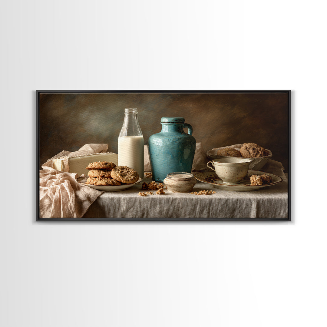 Milk Bottle and Cookies Nostalgic Still Life Framed Canvas Print, Bakery Art, Kitchen Wall Art, Bakery Decor, Oil Painting, BAK-2x1-90