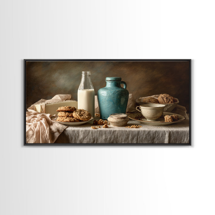 Milk Bottle and Cookies Nostalgic Still Life Framed Canvas Print, Bakery Art, Kitchen Wall Art, Bakery Decor, Oil Painting, BAK-2x1-90